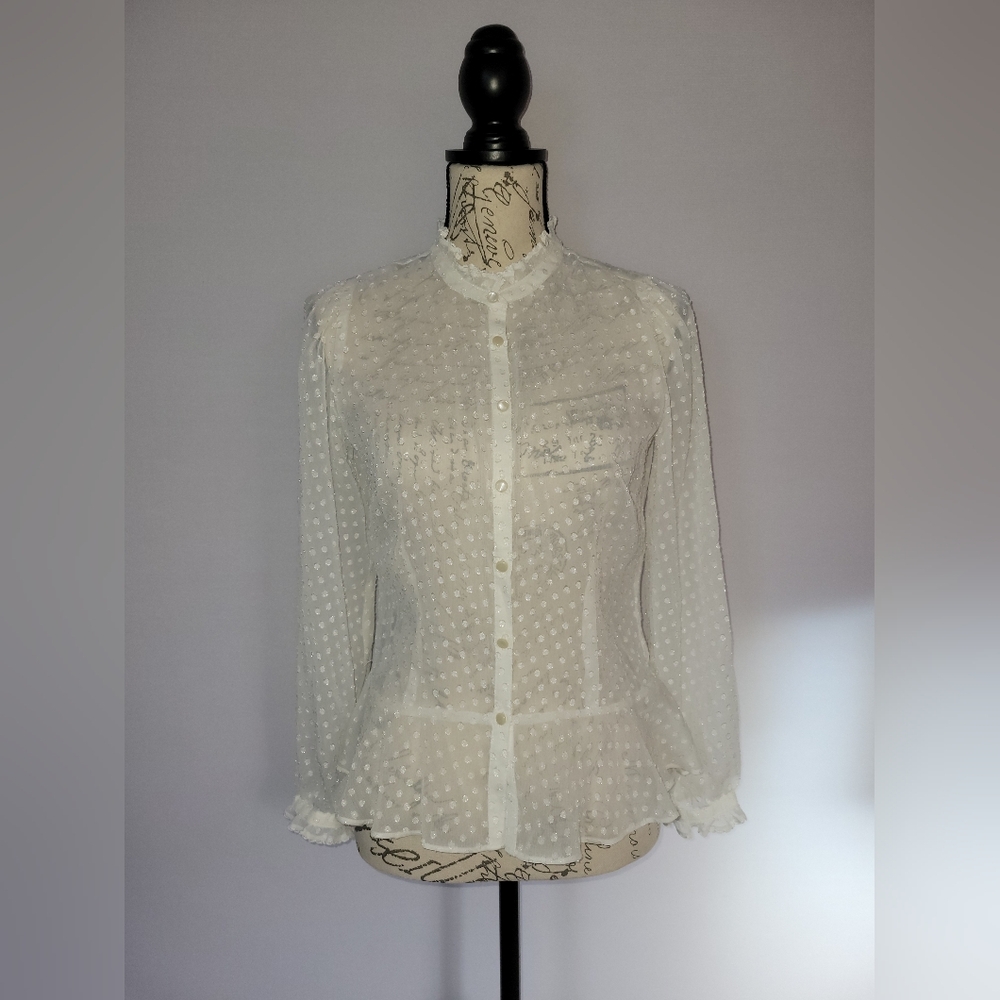 Ann Taylor Loft Women's Long Sleeve Sheer Ivory Polka Dot Blouse Size 6P NWT